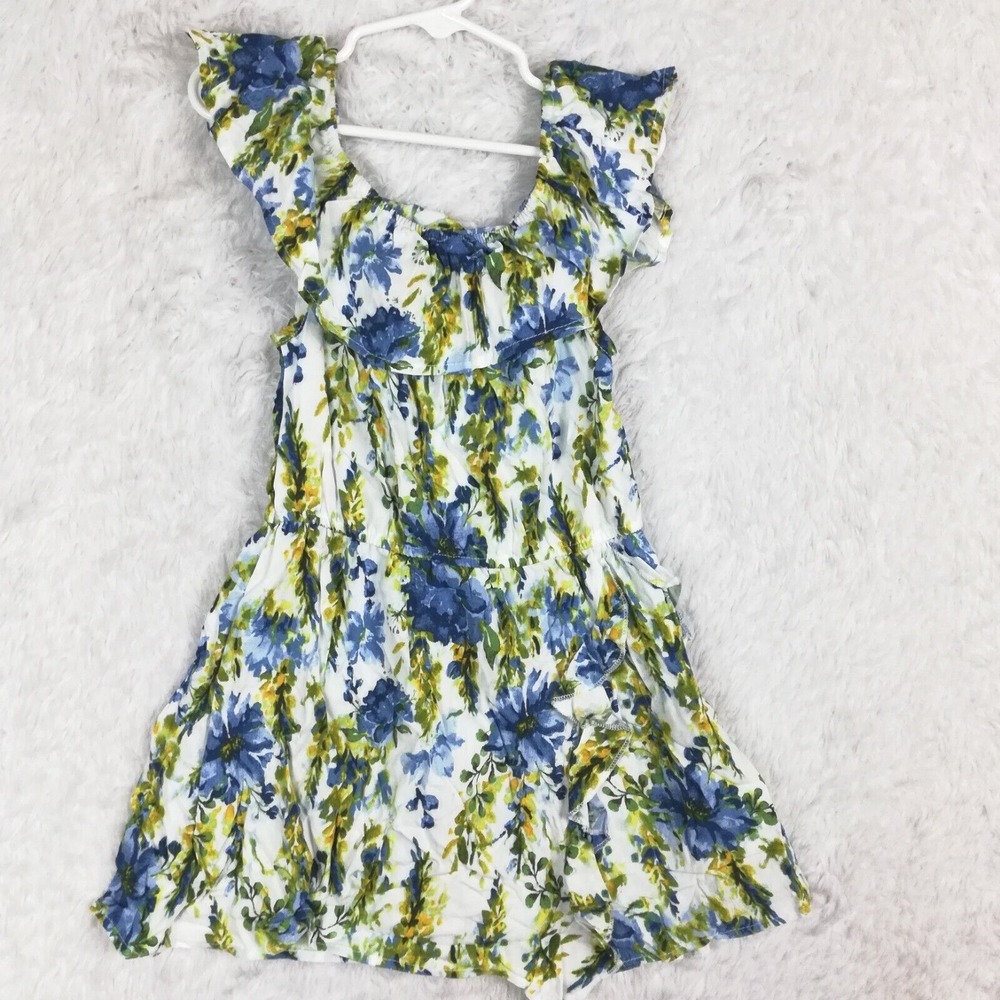 Btween Girls Dress Midi Blue White Floral Cap‎ Sleeve Scrunchie Ruffle 6 New